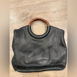 ABLE Black Leather Round Handle Tote Bag